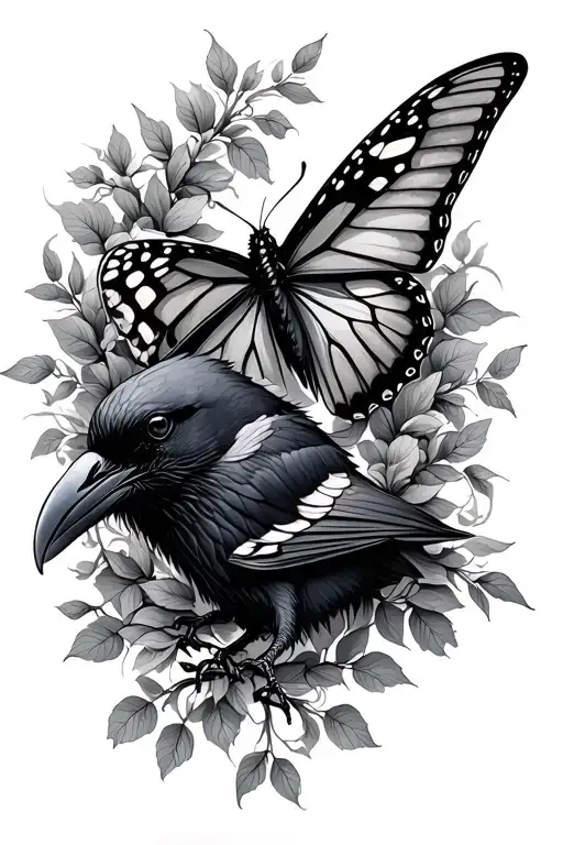 A Butterfly And A Raven With Vines Surrounding Them