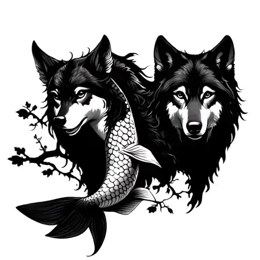 Pisces Koi With Ash Tree And A Mermaid And A Mother Wolf With 2 Pups