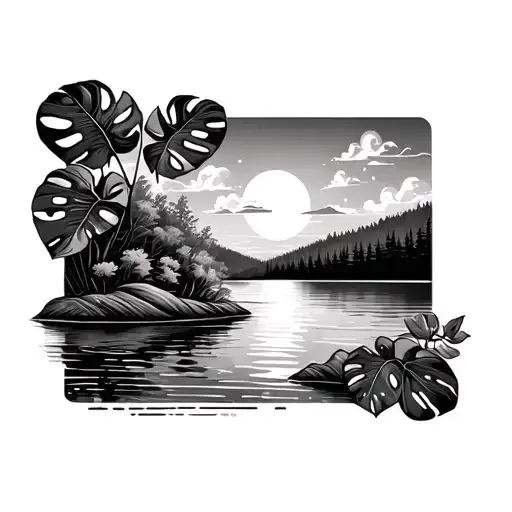 Monstera Leaves Sunset Over Lake