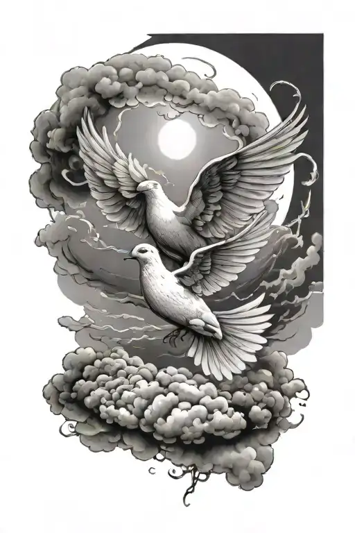 Dove Flying Through Clouds To The Sun Shining