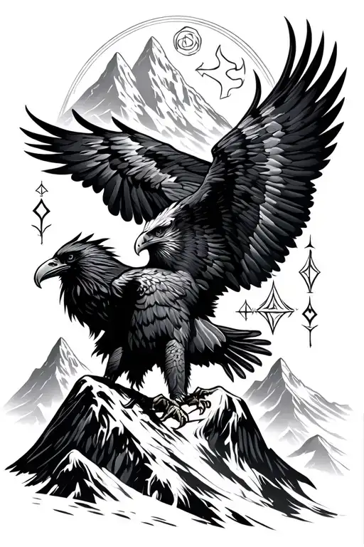 Eagle Fighting A Raven Mountain Background And Viking Runes
