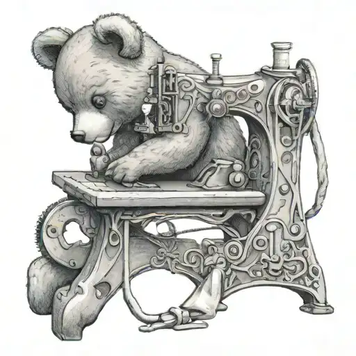 Teddy Bear On Sewing Machine Sewing A Heart