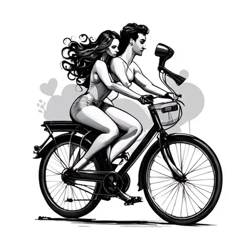 Woman And Hair Dryer And A Man On Her Bike On The Theme Of Love