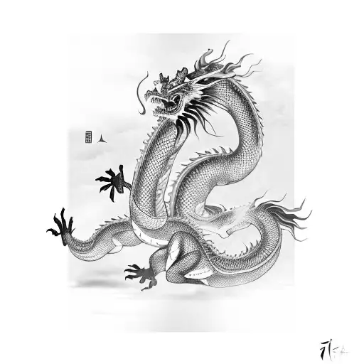 Two Chinese Dragons On Each Of Their Sides Of The Canvas