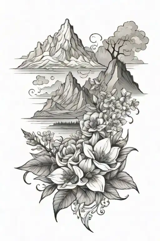 Flowers And Mountain Scape Scene