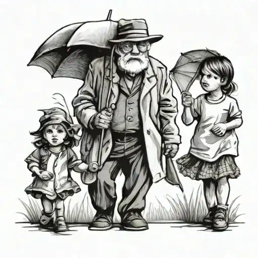 Old Man With Umbrella And Little Girl Facing In Opposite Directions Side By Side