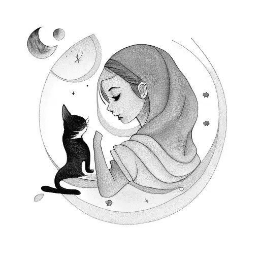 Girl And A Cat Looking At The Stars