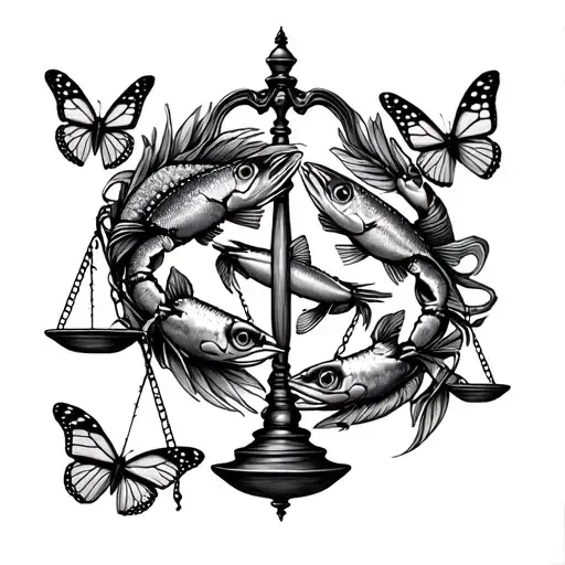 Libra Scale Weighing Pisces Fish And Cancer Crab Surrounded By Butterflies