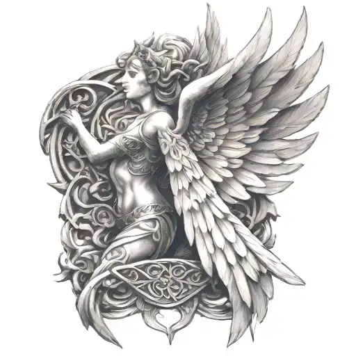 Wing 3D Angel Intertwinded With Celtic Detail Black And White
