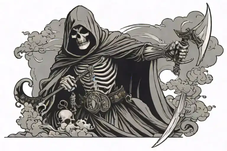 Grim Reaper Holding A Sword With Clouds In The Background With A Dead Knight Laying At His Feet