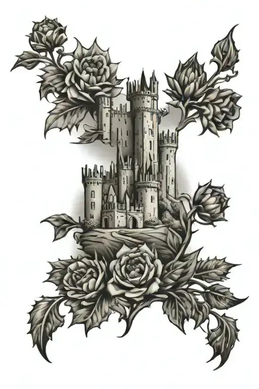 Scottish Themed Tattoo Featuring Castles And Thistle