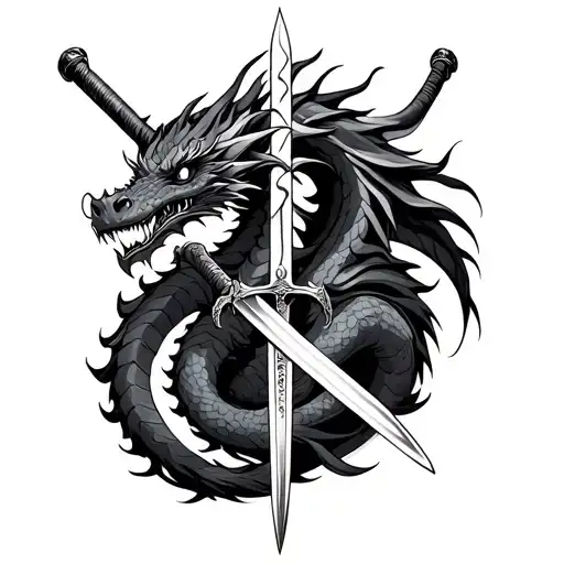 Dragon With Katana Sword Between The Dragon