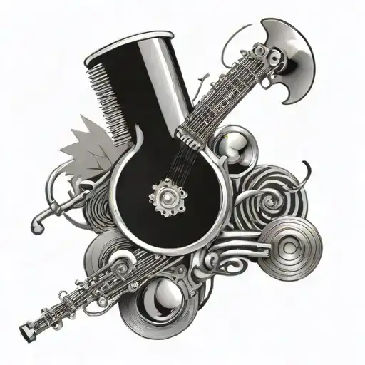 An Abstract Art Piece Incorporating Car Parts And Musical Instruments