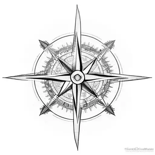 A Black-grey Tattoo Of A Compass Needle Pointing Towards Ecuador On A Map