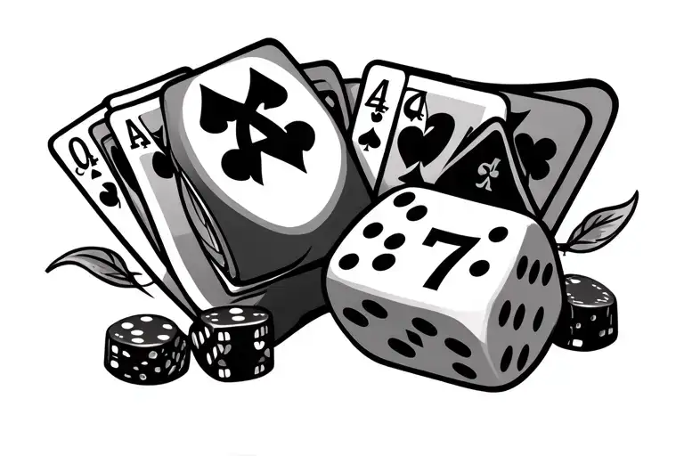 Casino Themed Tramp Stamp With Dices That Have The Numbers 4 And 7 Including Joker Cards