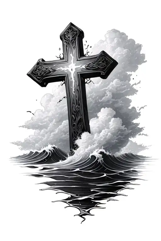 Realistic Cross And Clouds Surrounding And Water Waves