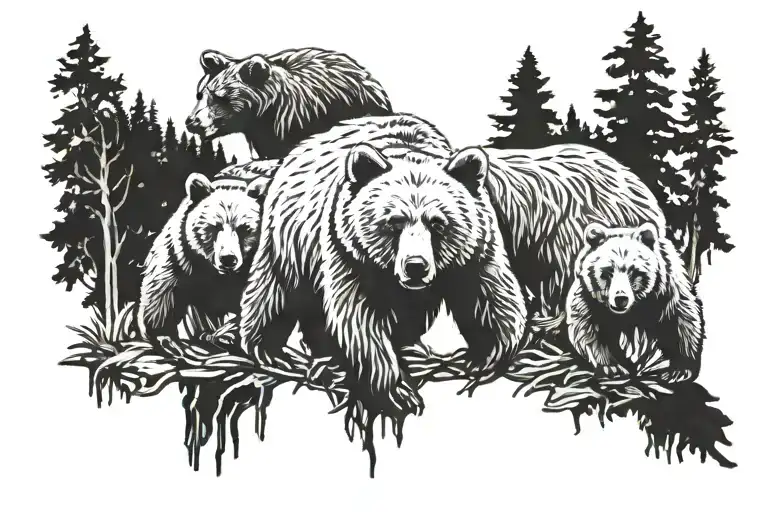 5 Baby Bears Silhouette Filled With Pine Tree