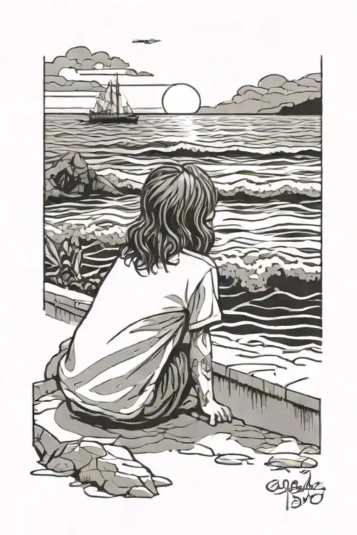 A Kid Watching The Sea With Jesus Watching Him From The Up