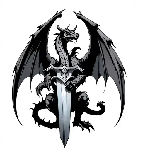 Dragon Holding Broken Sword With Wings Spread