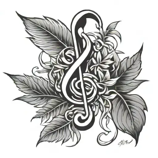 A Black-grey Tattoo Of A Stylized Procurement Symbol Intertwined With Musical Notes And Weed Leaves
