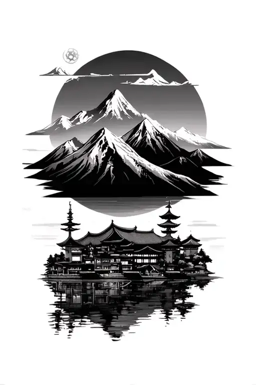 Asian Landmarks And Vancouver Mountain Range