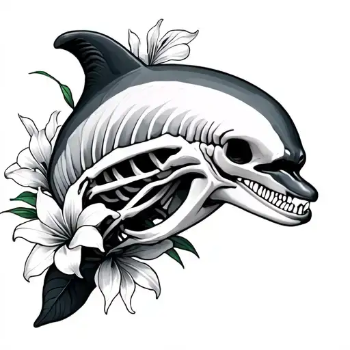 Dolphin That Part Half Skeleton With Lillies Wrapped
