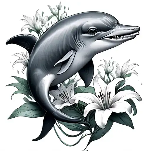 Half Dead Dolphin With Lillies Growing