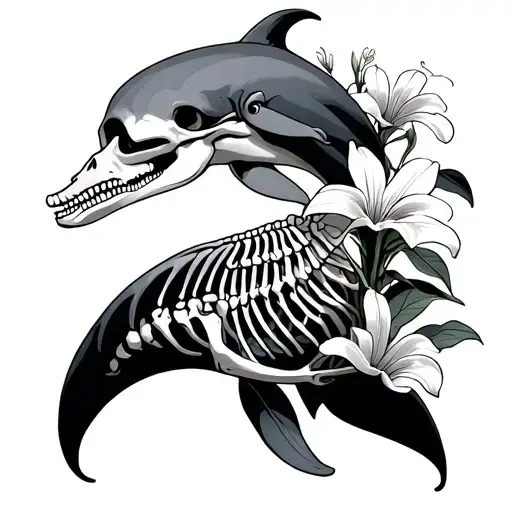 Part Skeleton Dolphin With Lillies Growing