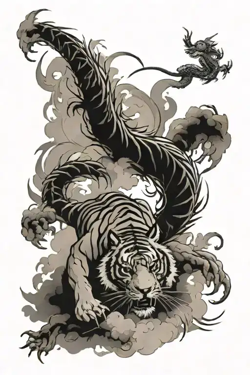 Tiger On The Ground While A Chinese Dragon Is Flying In The Sky