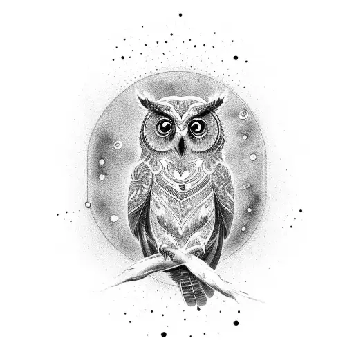 A Black-grey Tattoo Of A Majestic Owl With A Galaxy Background