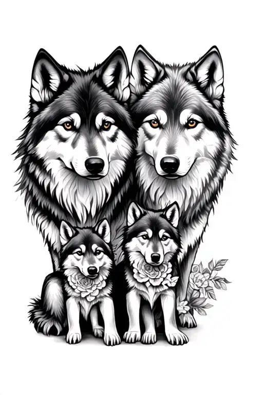 2 Adult Wolves & 2 Cubs With A Floral Design Inspired