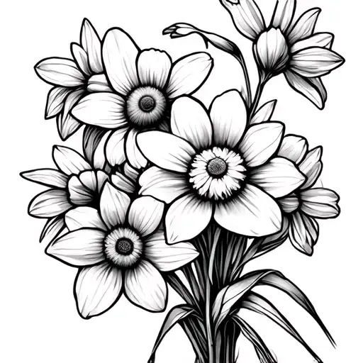 Daffodil Daisy Cosmos Flower Bouquet Simple Outline