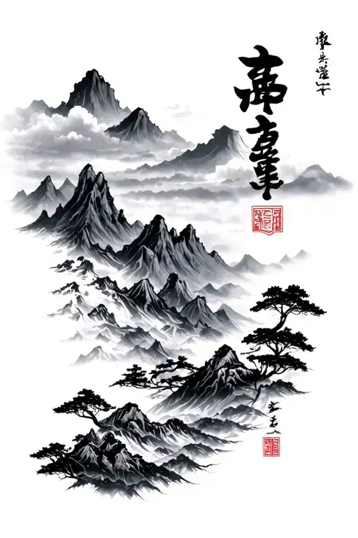 Forearm Tattoo With Chinese Letters And Mountains