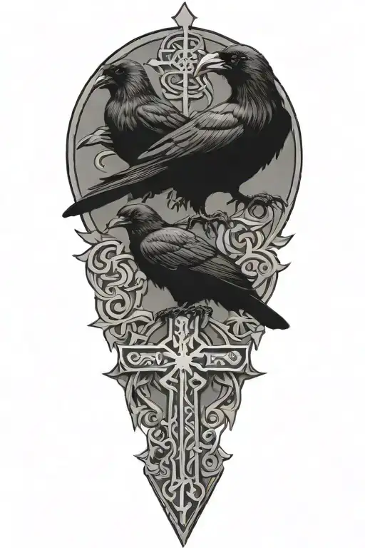 Crow Family Crest With 2 Large Crows And 4 Small Crows With Celtic Cross
