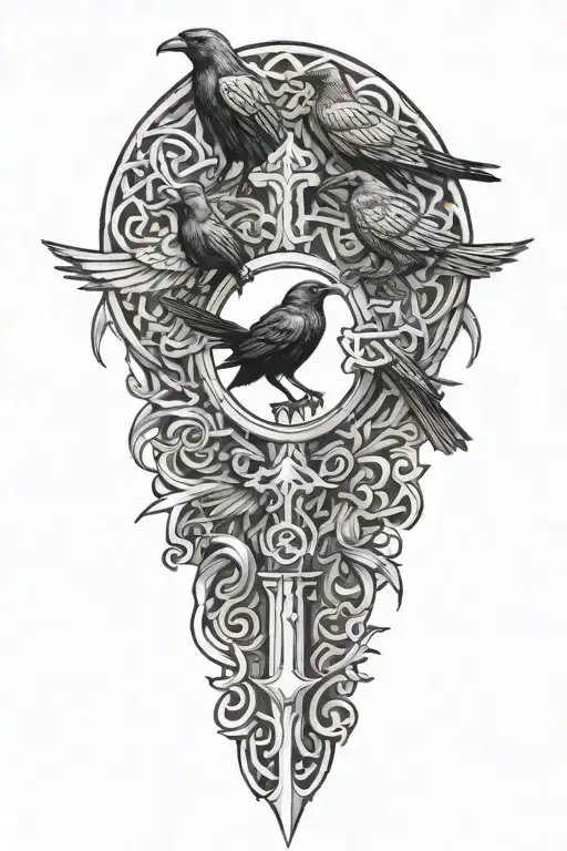 Crow Family Crest With 2 Large Crows And 4 Small Crows With Celtic Cross
