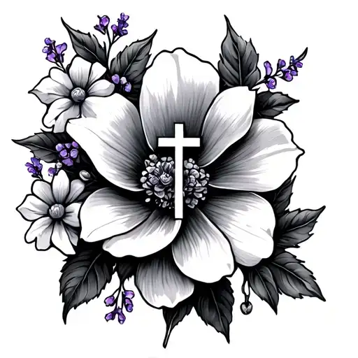 Cross With Dogwood Flower And Little Flowers And Lavendar