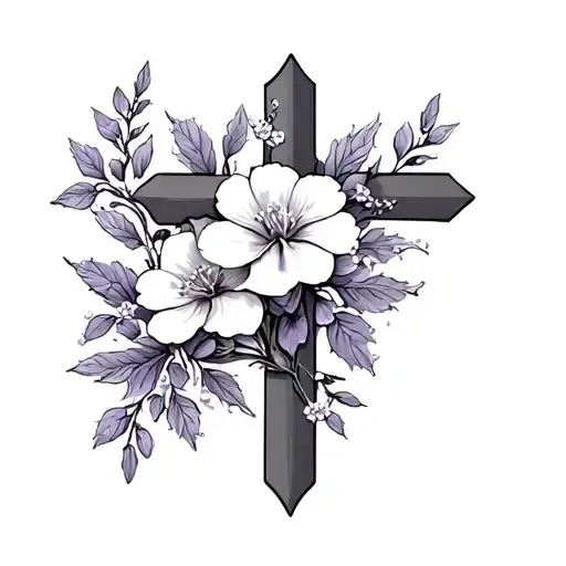 Cross With Dogwood Flower And Little Flowers And Lavendar Boardering It