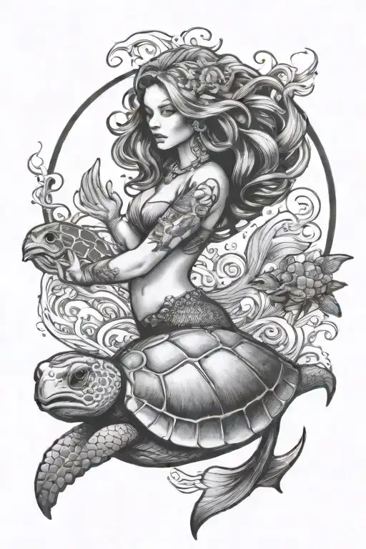 Mermaid And Sea Turtle Swimming