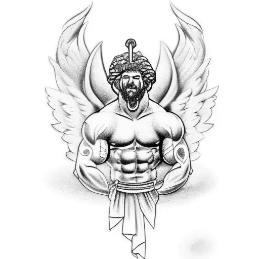 A Greek Mythology-inspired Tattoo Of A Muscular Firefighter Battling A Mythical Creature