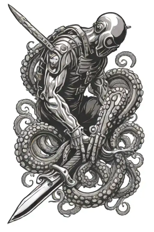 Diver Fighting Octopus With Knife Intertwined