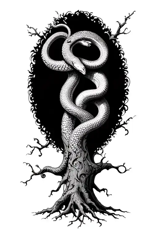 Snake Climbing Tree With A Rise Vine Wrapped Around The Trunk And Roots Reaching Deep