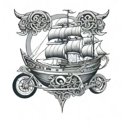 An Intricate Design Of A Ship Made Up Of Rams Football Symbols And Race Car Elements