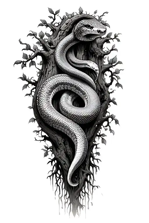 Snake Climbing Tree With A Rise Vine Wrapped Around The Trunk And Roots Reaching Deep