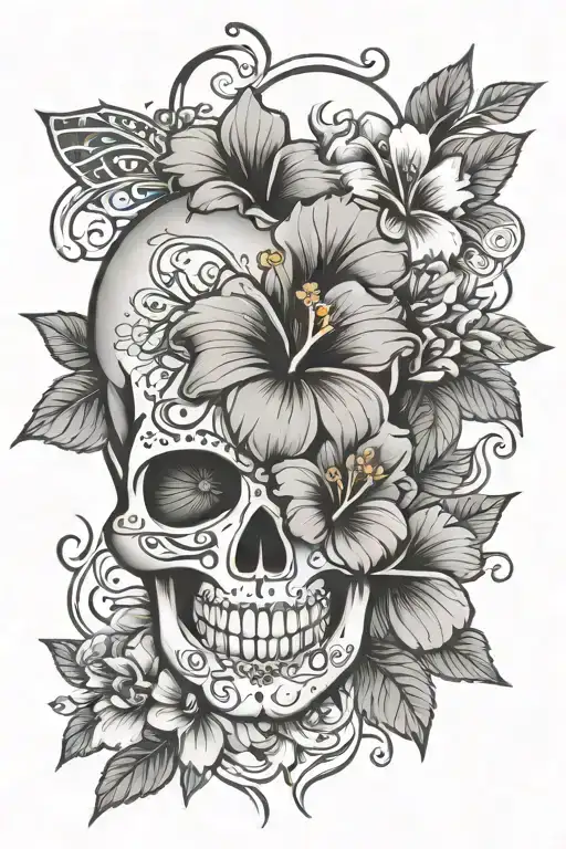 Hibiscus And Sugar Skull Strength Inspired Tattoo Featuring