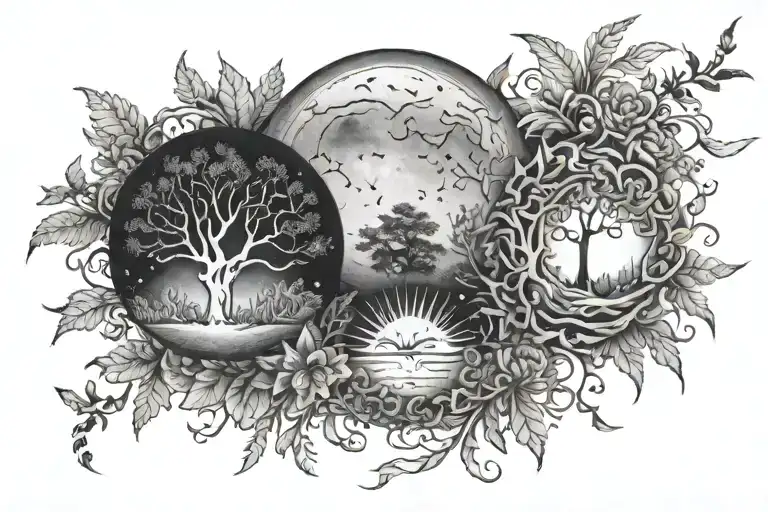Moon And Sun With Plants & Trees