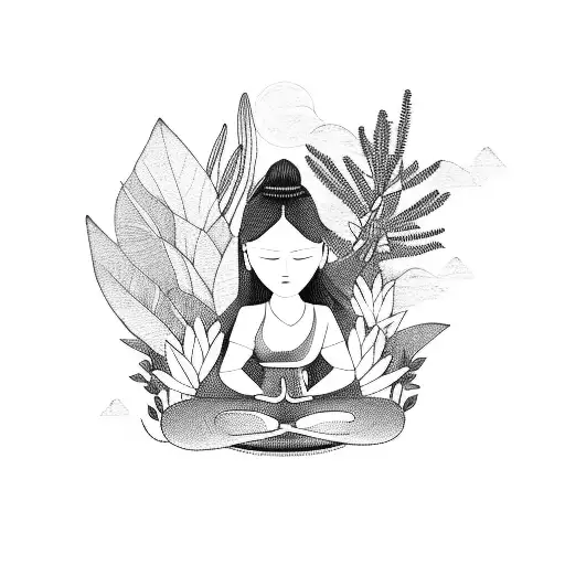 Woman Meditating In Nature With Plants
