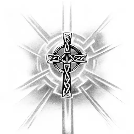 Celtic Cross Leading From The Shoulder Blade To The Bicep With Motley Crue And Metallica Logos