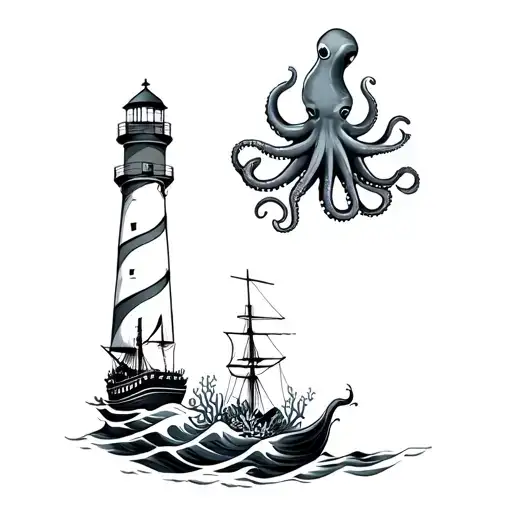 Octopus With Sunken Ship And Lighthouse With Waves And Coral