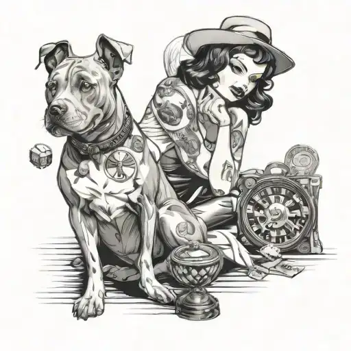 A Gambling Themed Pin Up Girl With A Pit Bull By Her Side In A Black-grey Style
