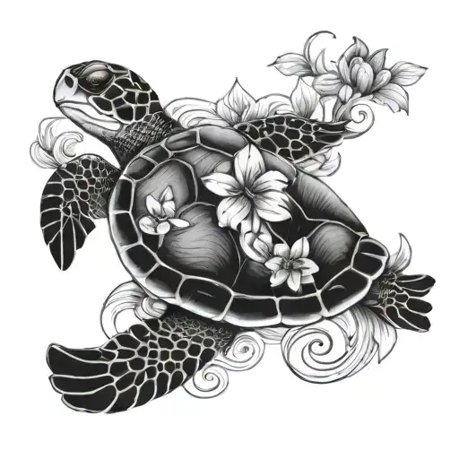 Sea Turtle And Flowers Intertwined